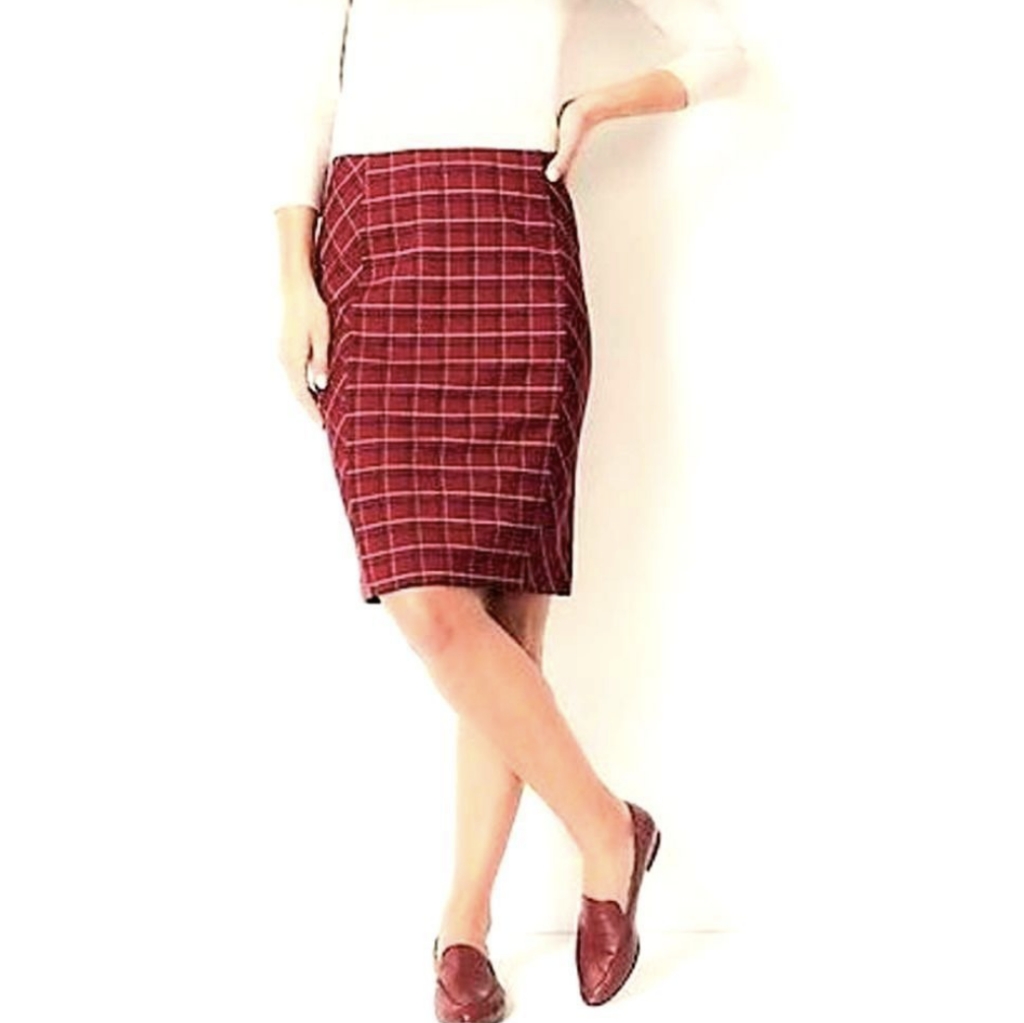 J. Jill Ponte Cherry Red Plaid Knit Knee-Length Pencil Skirt Size Large Petite